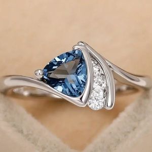 NEW Very Elegant Aquamarine Diamond Proposal Engagement Silver Ring